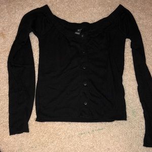 Long sleeve button up off the shoulder crop top